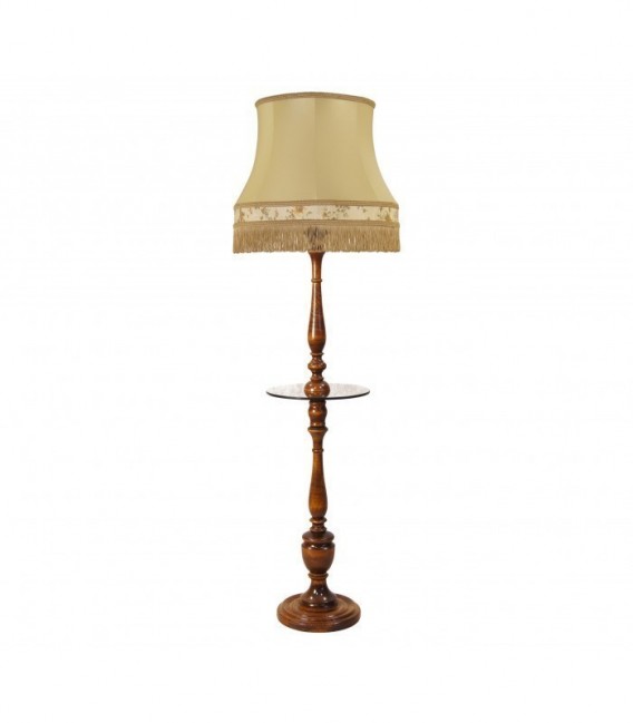 Торшер с ножкой из дерева стеклянным столиком и абажуром ретро для гостиной или спальни светильник НеоРетро ТБ03.КЛ6А